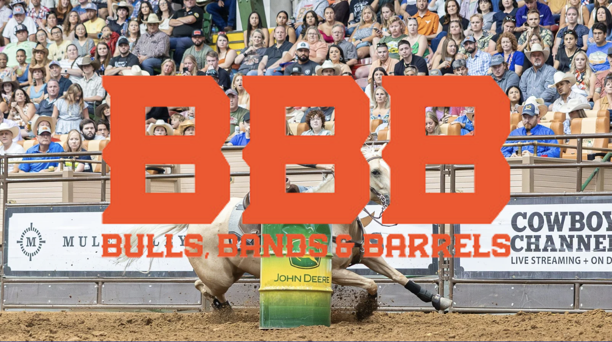 Bulls, Bands and Barrels arena event with barrel racer mid-run
